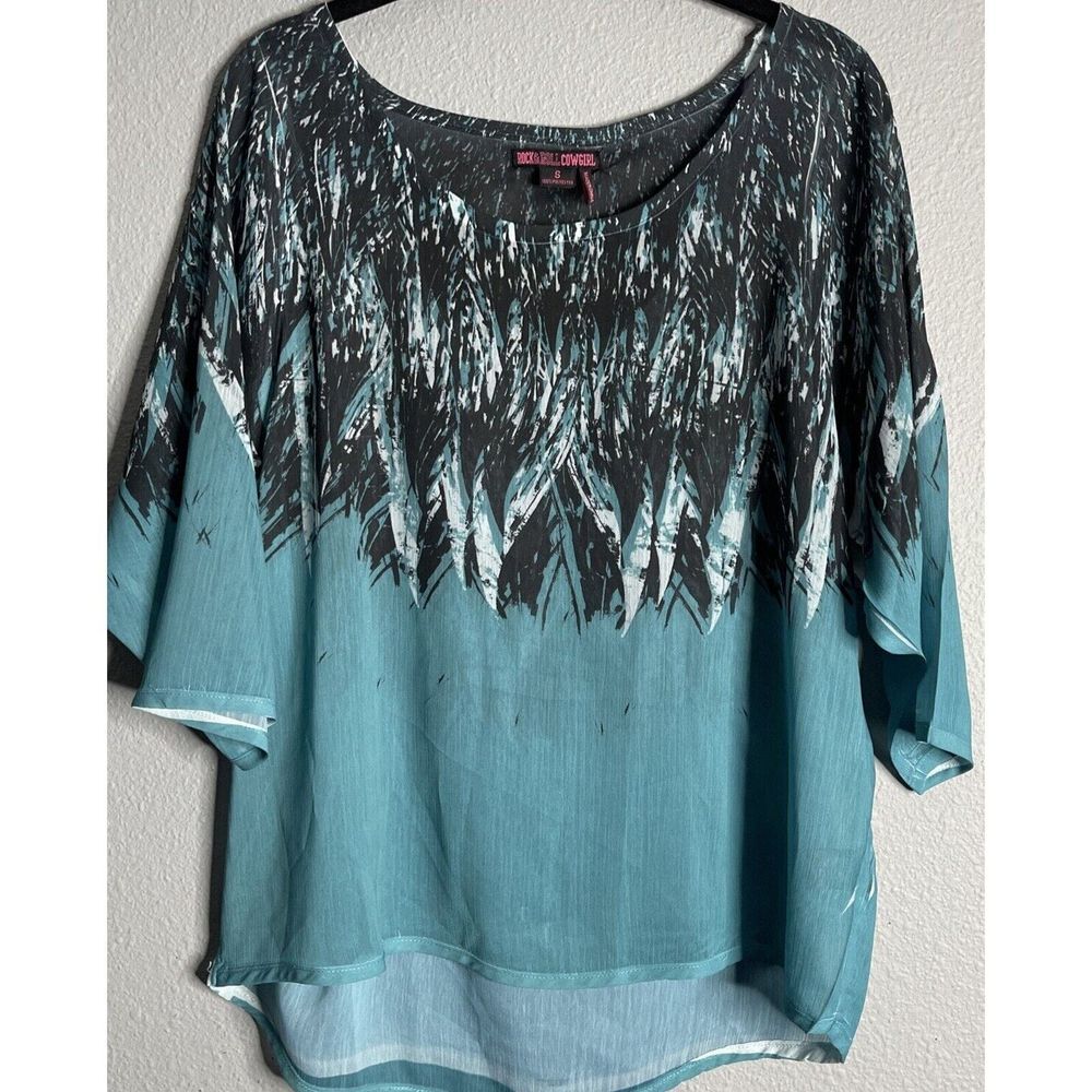 Rock & Roll Cowgirl Sheer Tunic Size S 3/4 Sleeve Turquoise Shirt Western Wear